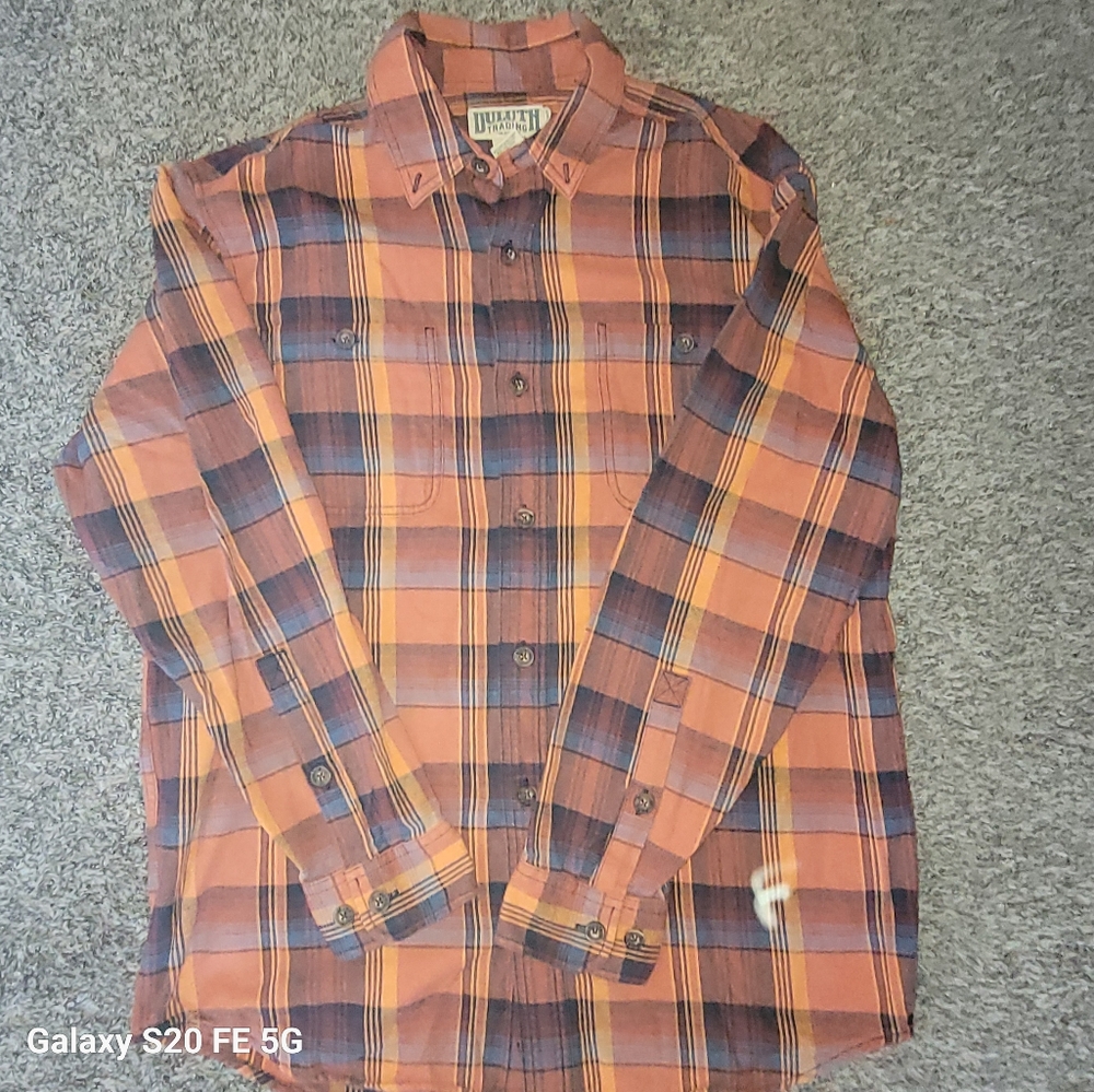 Duluth Trading Company Orange and Blue Plaid Flannel Men's Shirt